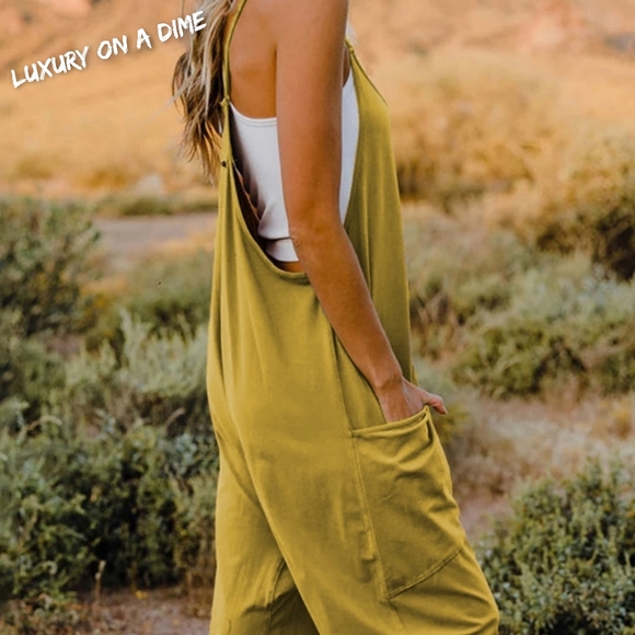 Oversized Hippie V-Neck Sleeveless Wide Leg Pant Pocket Jumpsuit Bohemian Outfit - Picture 5 of 7